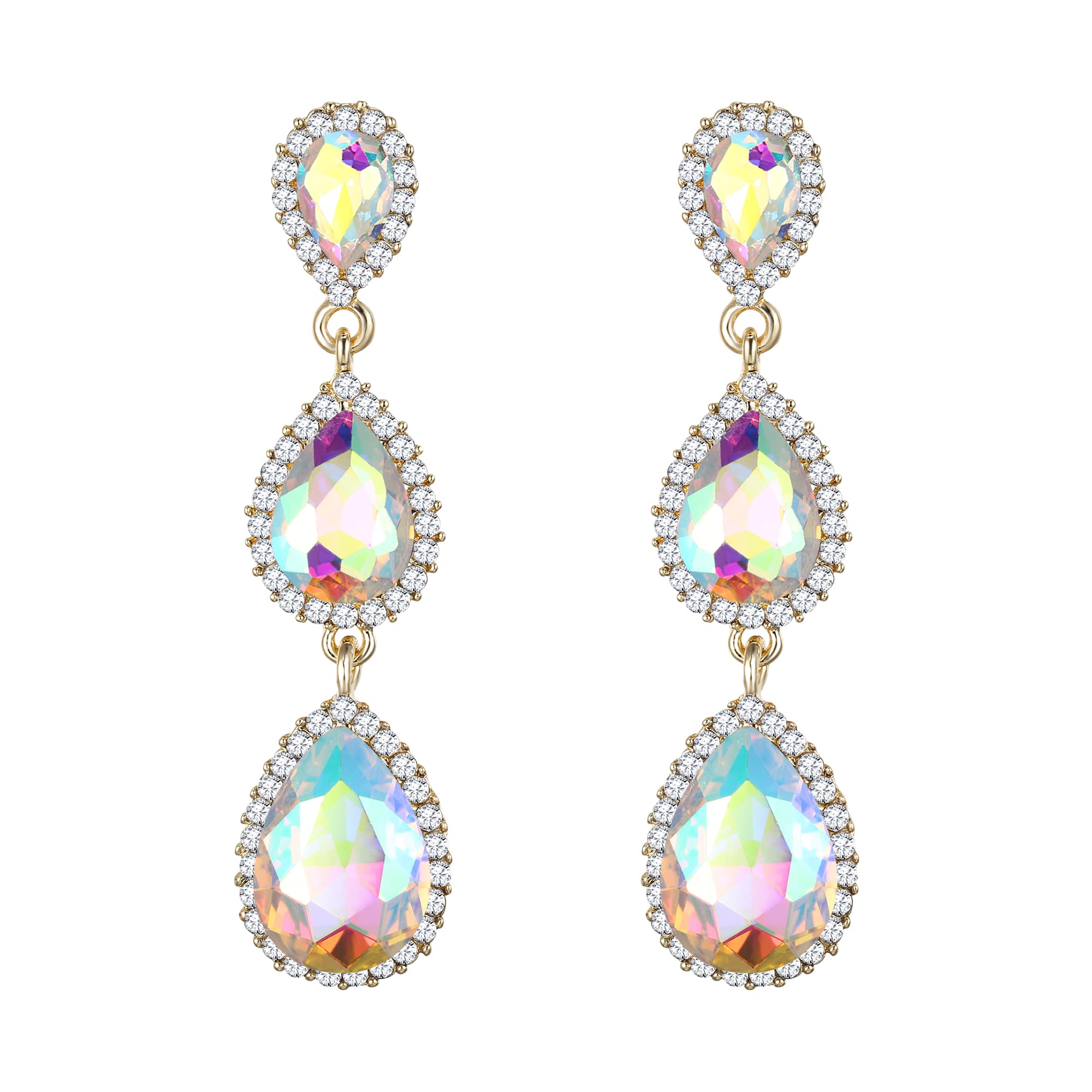 Clearine Women's Gorgeous Teardrop Crystal Long Drop Dangle Pierced Earrings for Wedding Prom Party Iridescent AB Gold-Tone