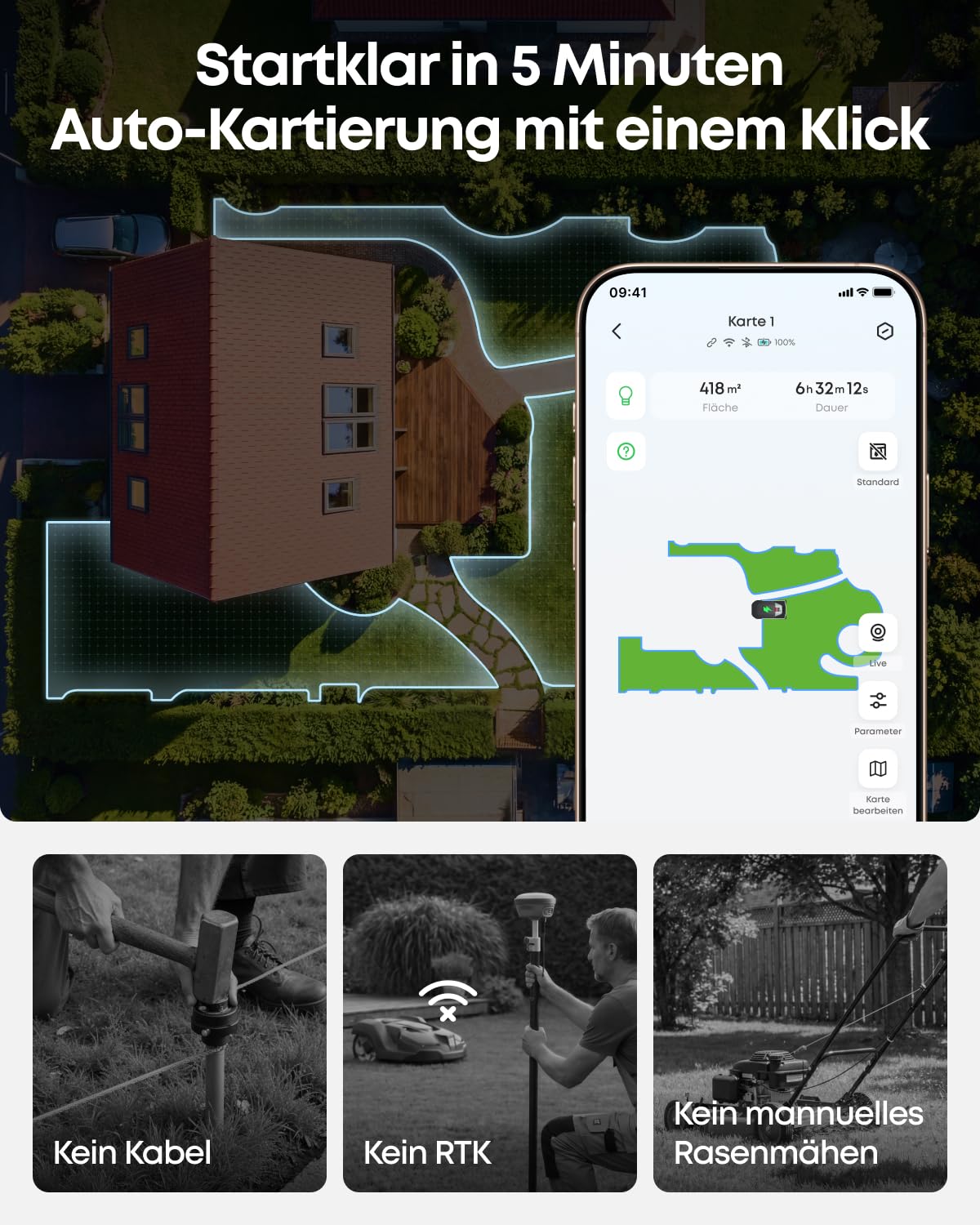 eufy C15 Mähroboter ohne Begrenzungskabel mit Garage, bis 500m², TrueVision, ohne RTK, Keine Signalprobleme, Auto-Kartierung, sicher für Igel, intelligente Navigation, präzises Randmähen 4
