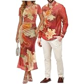 TOADDITDO Mens Button Down Shirts or Womens Dress Couples Matching Outfit | Short Sleeve Bodycon Maxi Sundress Mens Long Sleeve Shirts for Wedding Guest Party