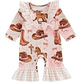 Emmababy Baby Girl Cowgirl Outfit Hat Boots Print Romper Western Jumpsuit | Western Baby Girl Clothes, Long Sleeve Ruffle Romper, Bell Bottom Jumpsuit, Infant Cowgirl Outfit, Fall Winter Clothes