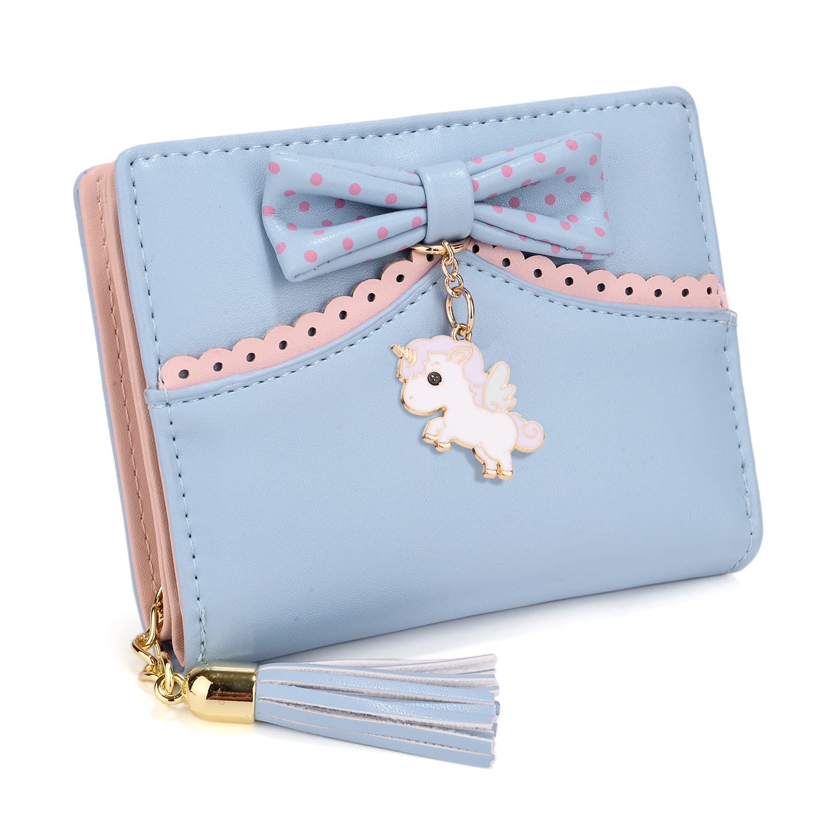 UTO Unicorn Wallet Women Zipper Coin Pocket Card Purse with Bowknot Tassel Blue