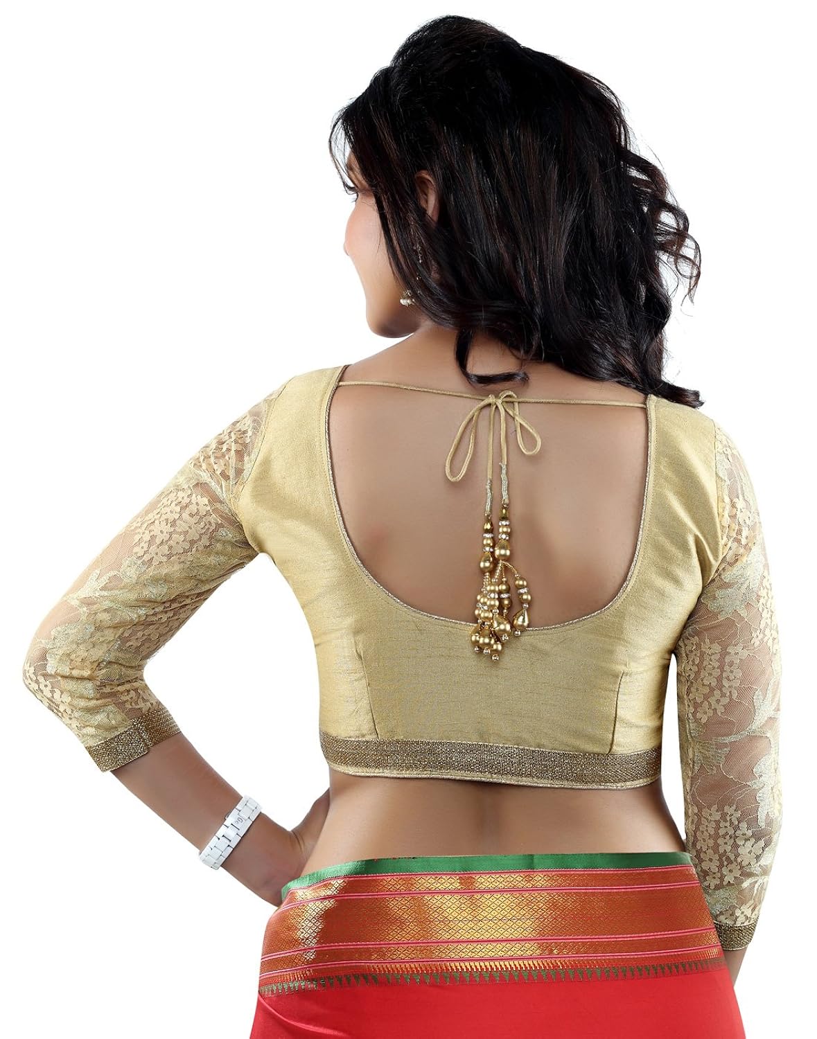 studio shringaar golden blouse with lace sleeves