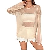 Verdusa Women's Glitter Mesh See Through Sequin Long Sleeve Oversized Tee Shirt Sheer Poncho Top