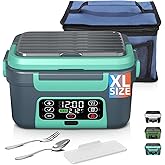 Omboos Cordless Electric Heated Lunch Box, XL 6.3Cups 20000mAh Rechargeable Food Warmer Lunch Box with Self Heating, Smart Timer, Adjustable Temperature, Leakproof, BPA Free, Removable Tray Divider