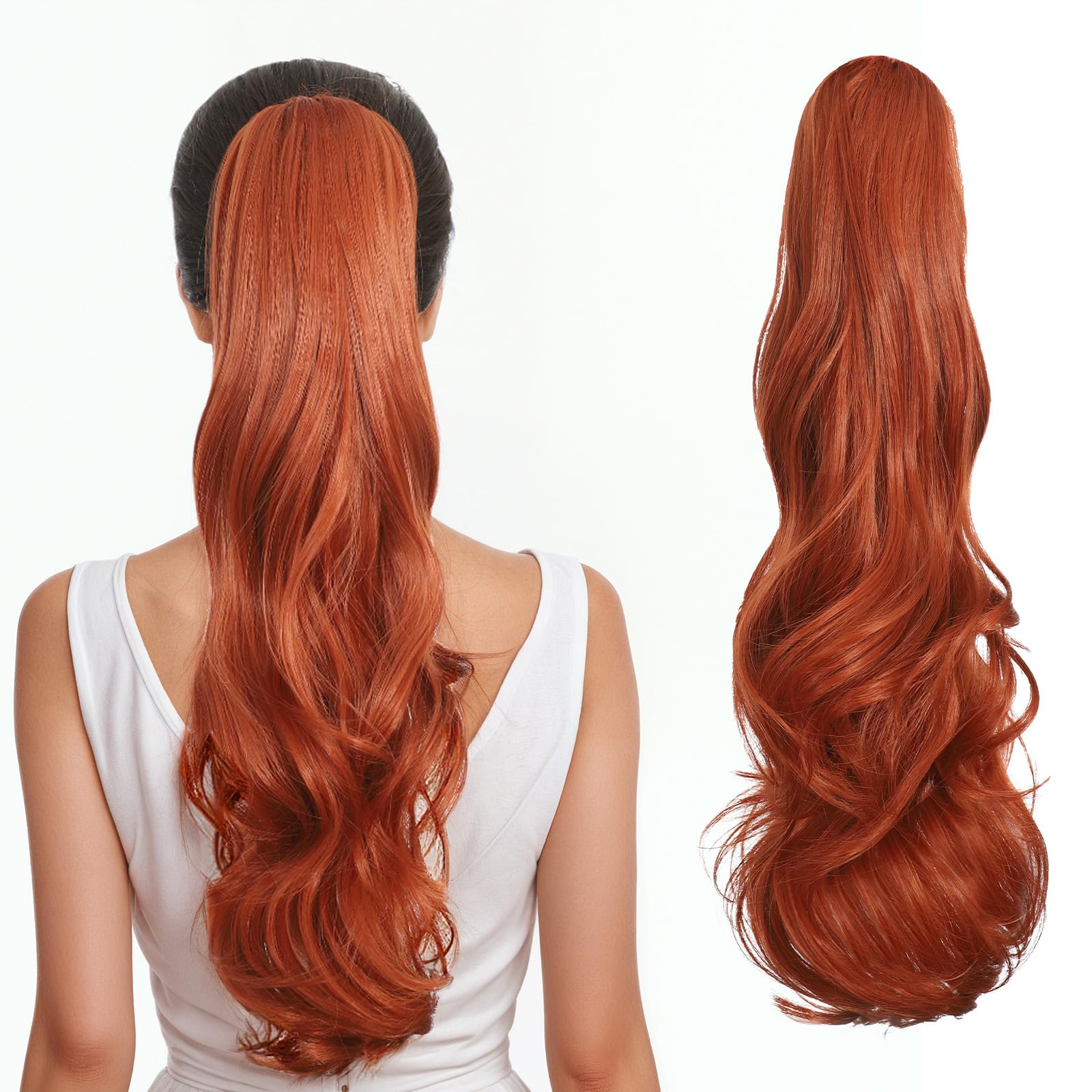 Photo 1 of Tiklans Red Ponytail Extension, 22" Long Claw Clip in Ponytail Hair Extensions Hair Piece Natural Soft Synthetic Curly Wavy Pony Tail Hair Pieces for Women