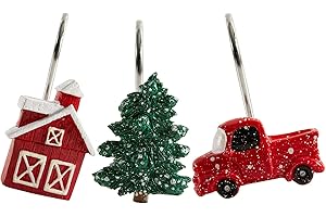 Aldopein Farmhouse Vintage Christmas Shower Curtain Hooks Rings, Christmas Tree Red Truck Rustic Cabin Decorative Xmas Winter Holiday Shower Curtain Hooks Bathroom Decoration Accessories Rustproof