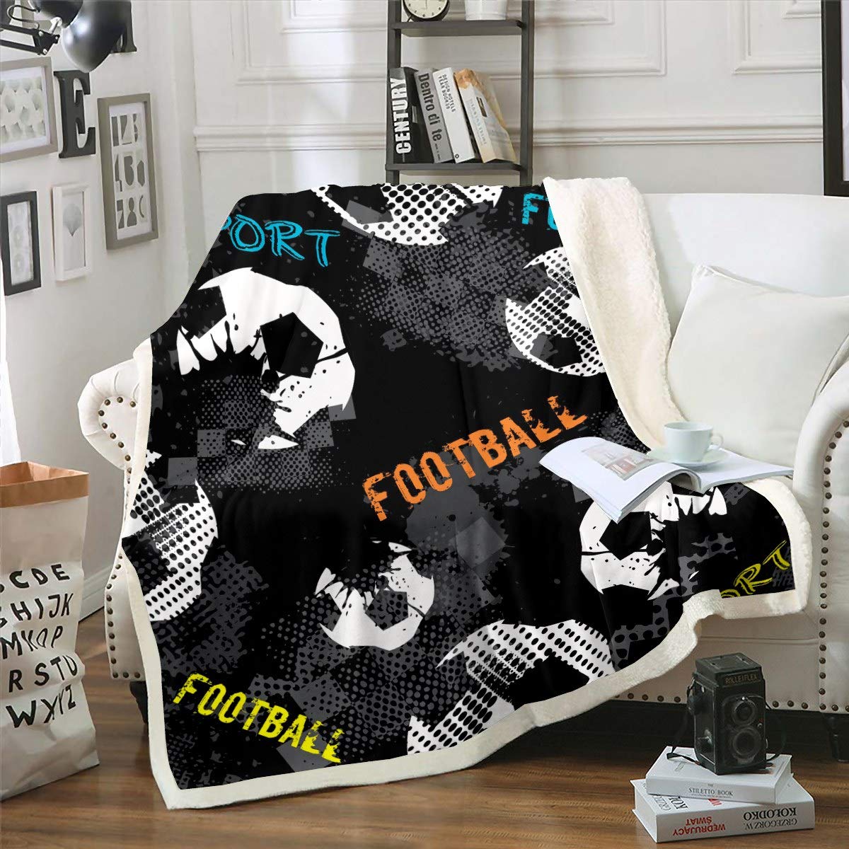 Loussiesd Boys Football Throw Blanket Sports Theme Sherpa Blanket for Couch Chair Sofa Soccer Ball Pattern Fleece Blanket America Football Style Warm Plush Blanket Bedroom Decor Single 50"x60"