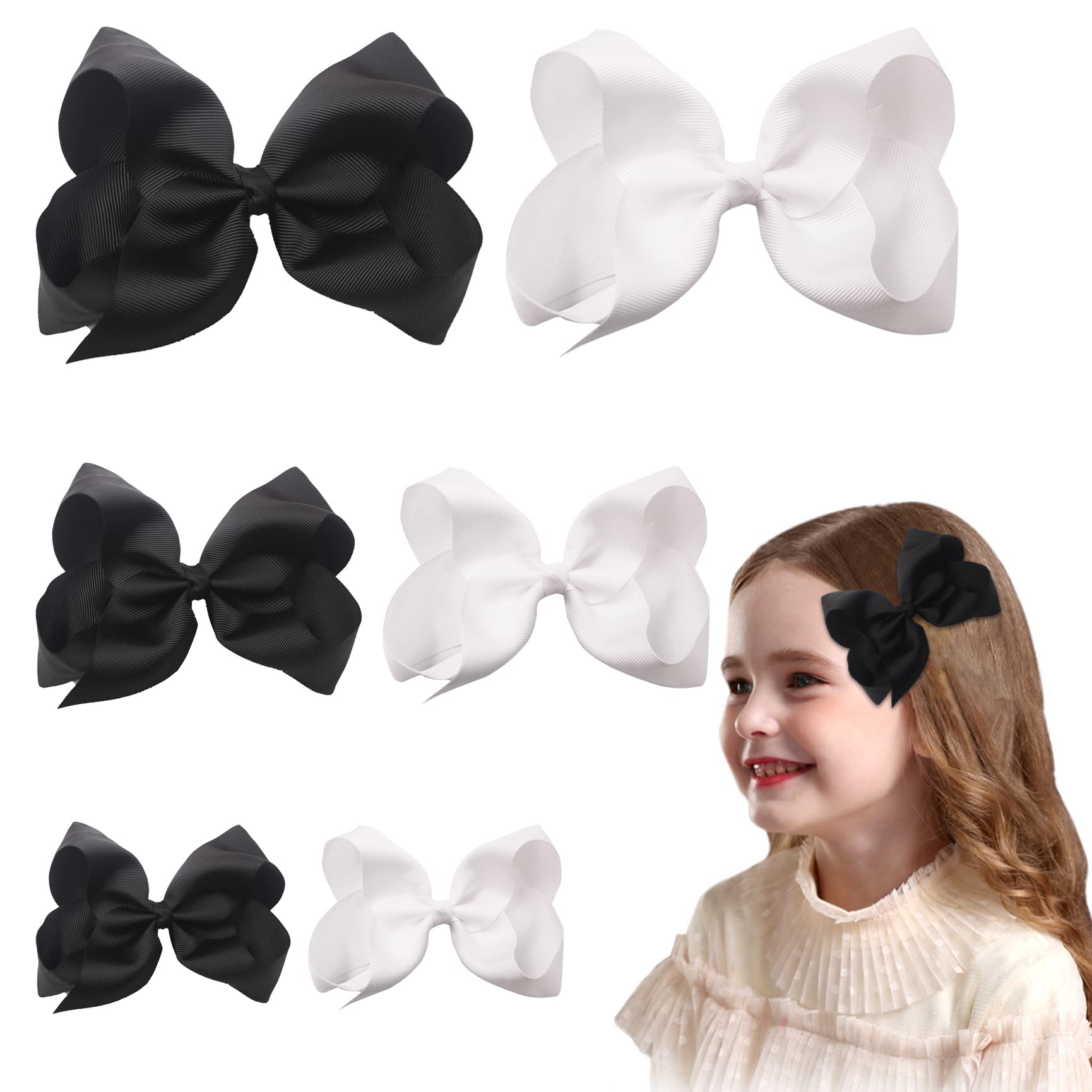 6Pcs Hair Bows For Girls, Large Grosgrain Ribbon Bows Hair Clips Black&White Hair Bows, Hair Accessories for Toddler Teens Girls (3Size)
