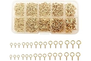 IDEALSV 1000 Pcs Small Screw Eye Pin Jewelry Making Eyelet Hook Kits for Craft 5 Sizes Gold (4x8mm,5x10mm,6x12mm,7x14mm,8x16mm)