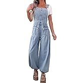 yoeasy Women's Denim Bib Overalls Lotus Tube Wide Leg Baggy Jeans Adjustable Strap Pleated Jumpsuits with Drawstring