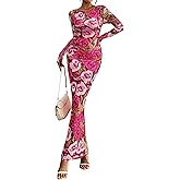 PRETTYGARDEN Bodycon Maxi Dress 2025 Fall Floral Long Sleeve Sexy Mesh Cocktail Wedding Guest Long Dresses