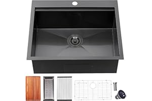 VALISY 25 Inch Black kitchen Sink Drop in - 25"x22" Topmount Ledge Workstation Kitchen Sinks 16 Gauge Handmade Stainless Steel Single Bowl Sink with All Accessories for Kitchen Laundry Utility