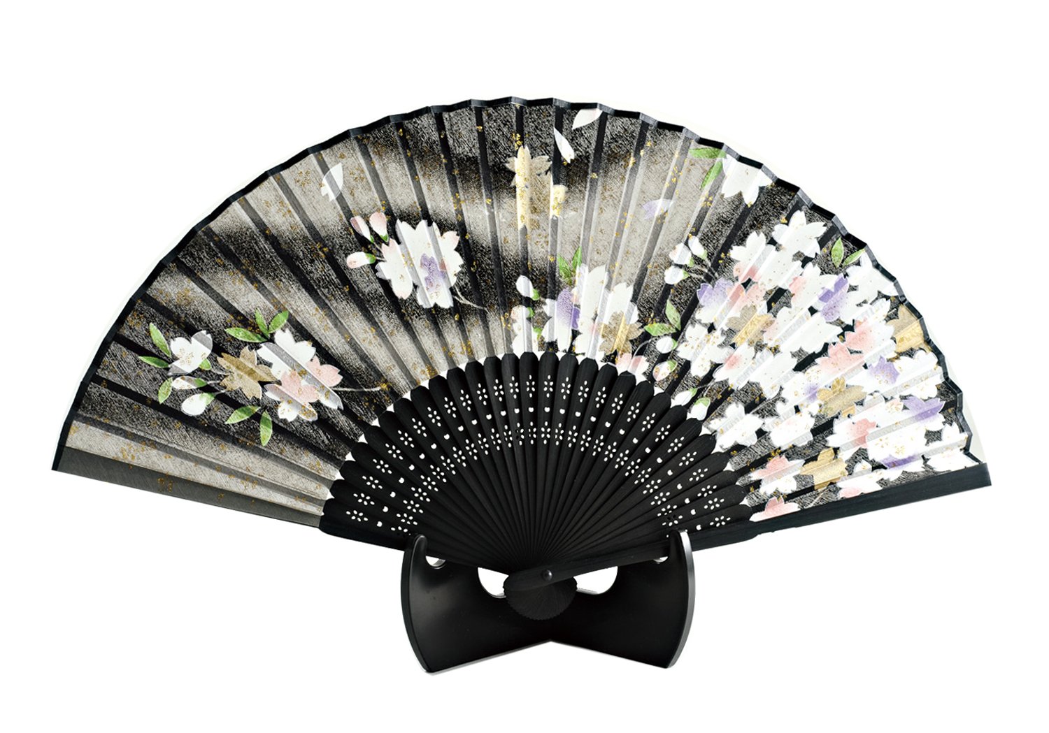 Silk folding fan Sakura black lame 504-547