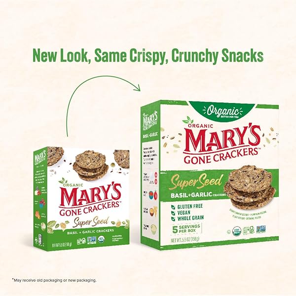 MARY’S GONE CRACKERS SUPER SEED CRACKERS, ORGANIC PLANT BASED PROTEIN, GLUTEN FREE, BASIL & GARLIC, 5.5 OUNCE (PACK OF 1)