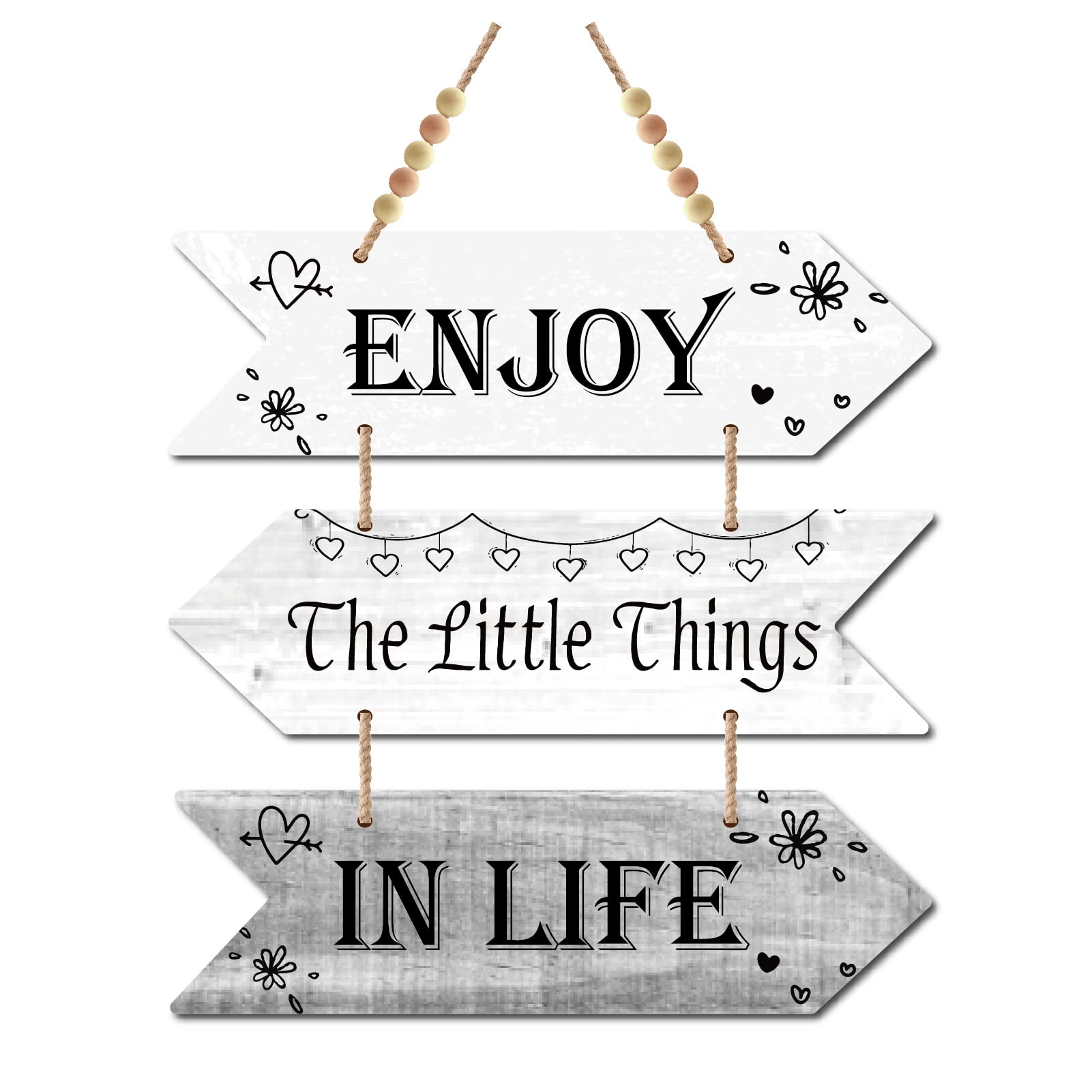 CREATCABIN 3 Pieces Wooden Enjoy the Little Things in Life Sign Wood Arrow Hanging Plaque Wall Decor Farmhouse Rustic Kitchen with Hole for Home Dining Living Room(Dark Gray Color)