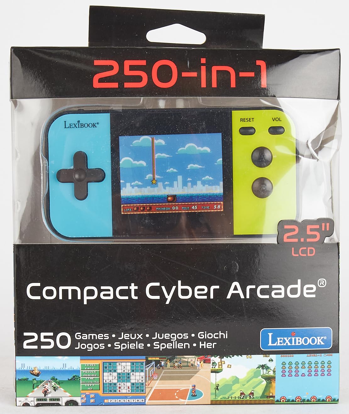 Lexibook Compact Cyber Arcade Portable Gaming Console, 250 Gaming, LCD, Battery Operated, Video Game for Children, Black/Blue/Green, JL2377