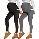 Fotociti Maternity Fleece Lined Leggings with Pockets Over The Belly,Womens Pregnancy Thermal Warm Workout Yoga Pants Winter