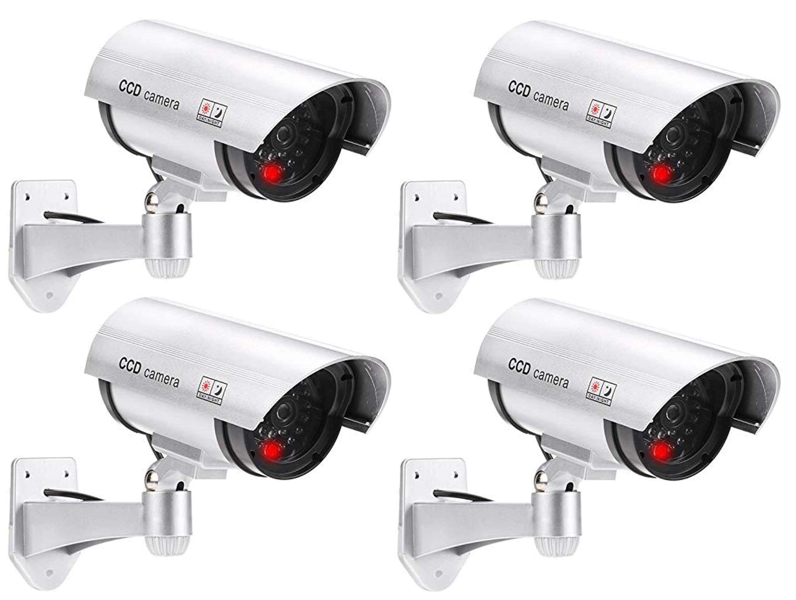 4 x Dummy Camera with Lens Surveillance Camera Fake Camera with Red LED Light Deceptively Real for Wall Ceiling