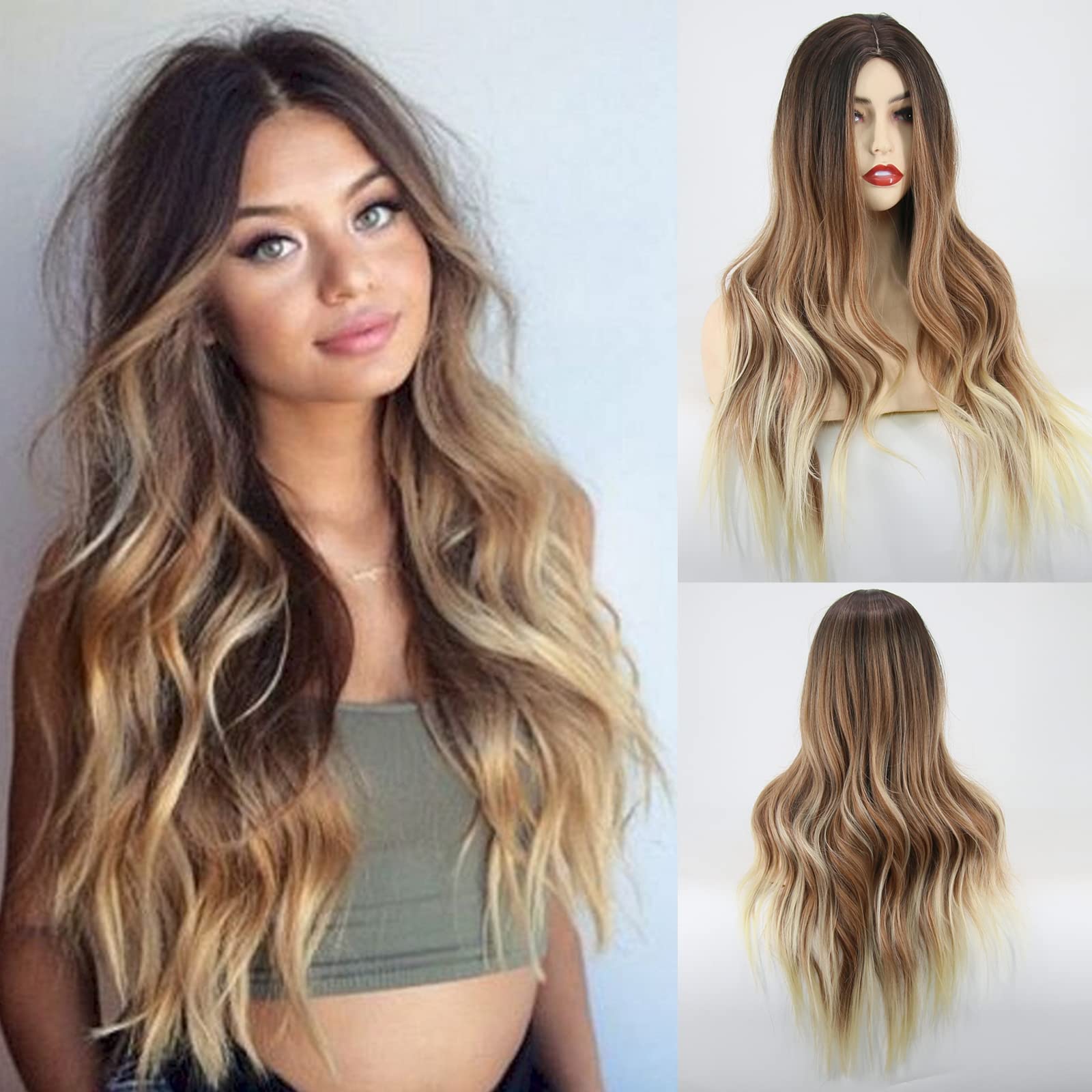 Towarm Long Wavy Ombre Blonde Wig Middle Part Highlight Blonde with Dark Root Synthetic Wigs for Women Glueless High Temperature Fiber Cosplay Daily Wear Wig (YST 553)