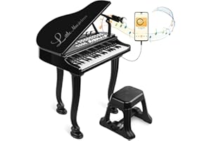 BAOLI Kids Piano Keyboard Toys 37 Keys,Grand Piano for Beginners,3 4 5 6 Years Old Toddler Girl Boy Gift,Educational Musical Instrument,w/Microphone,Stool,Piano Lid,Lights,Note Stickers,Enamel Finish- Black