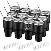 YOUKE OLA 12 Pack Insulated Tumbler Powder Coated Stainless Steel Double Wall Vacuum Travel Coffee Tumbler Cup with Lid and Straw for Laser Engrave DIY Gift 30oz Black