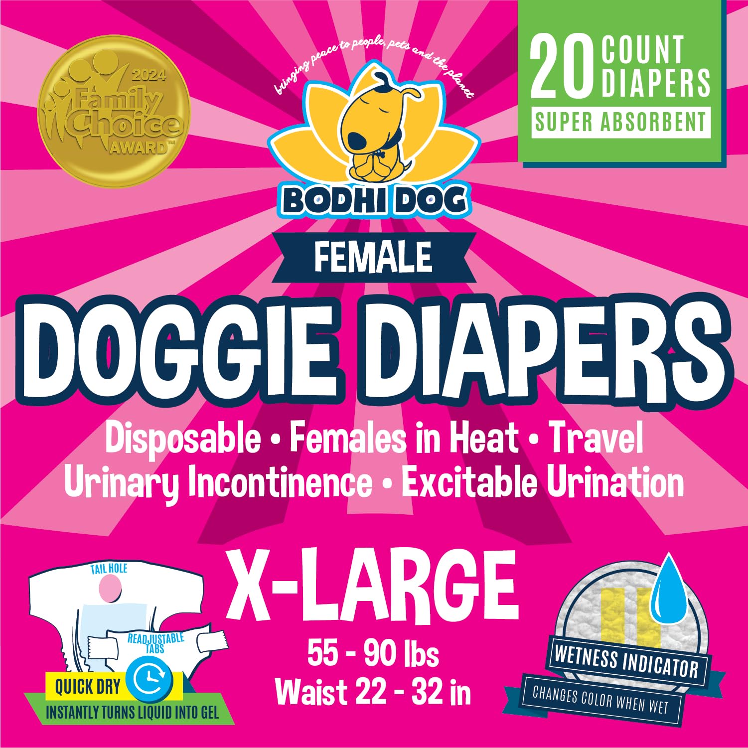Photo 1 of Bodhi Dog Disposable Female Dog Diapers - Super Absorbent Dog Diapers for Female Heat Cycle - Adjustable Fit Pee Wraps for Potty Training, Moisture Control & Wetness Indicator - Extra Large (20 Count)