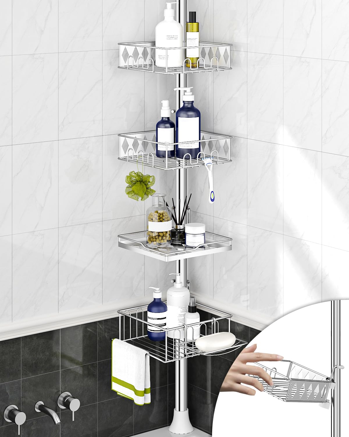 Photo 1 of SEIRIONE Corner Shower Caddy Tension Pole, 4-Tier Rust-Free Shower Organizer Corner, Adjustable Shelf for Bathroom Storage, Easy-Install Standing Rack, 34 to 116Inch, Sliver