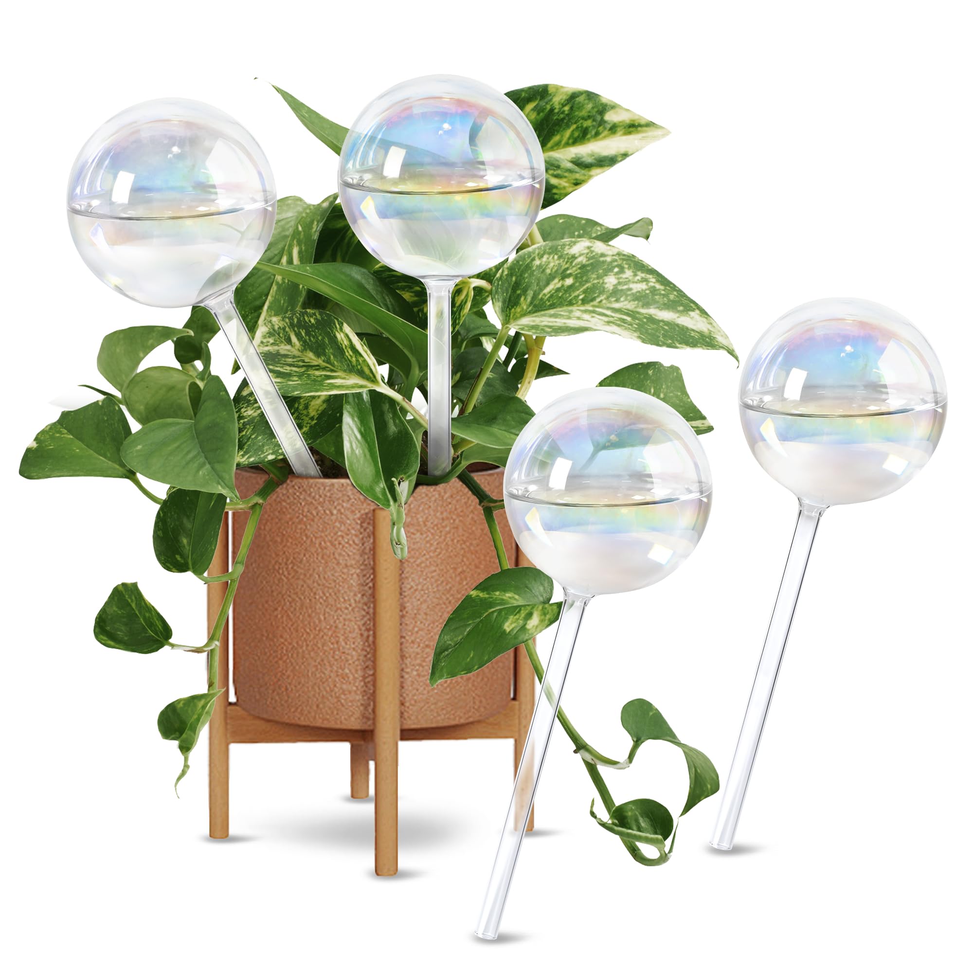 View 1 of 13oz Self Watering Globes (4 Pack),Large Glass Plant Water Bulbs for Vacation, Automatic Drip Irrigation,Iridescent Rainbow Watering Stakes for Indoor & Outdoor Plants (Up to 2 Weeks Hydration)