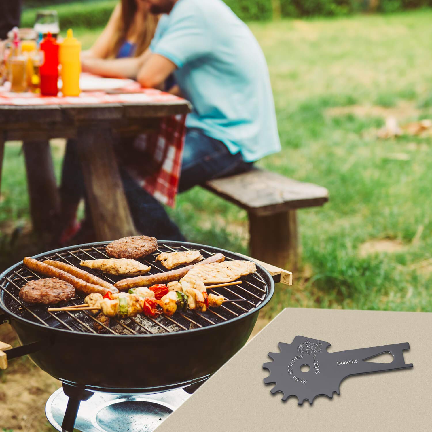 Bchoice Stainless Steel BBQ Grill Scraper Brushes- Grill Grate Scrapers Cleaner Barbecue Non-bristles Grill Brush Perfect BBQ Cleaning Tools - Works with Most Grill Grates, Grey