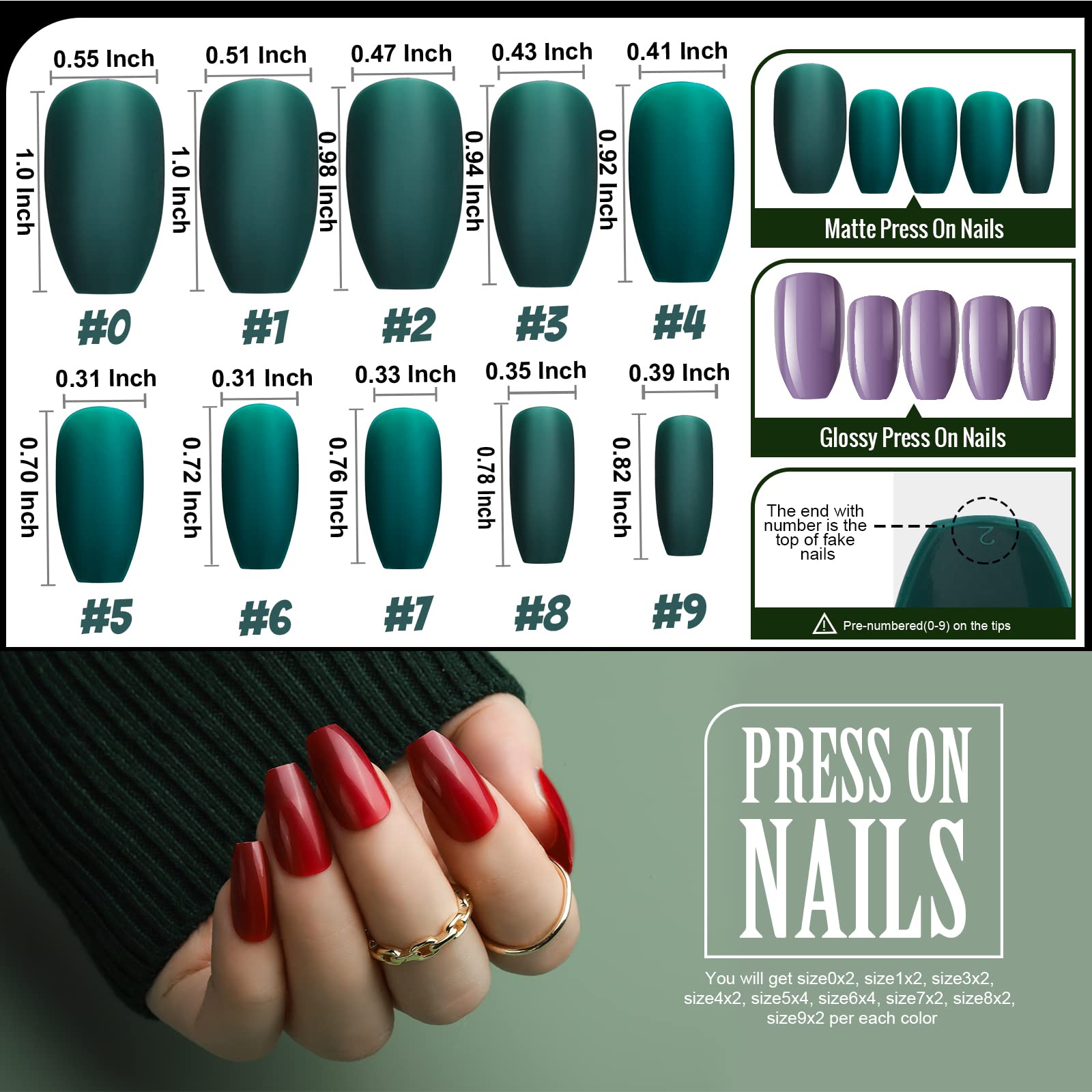 Teenitor 24 Pack 576 PCS Press On Nails Medium Length Coffin Glue On Nails, Coffin Shape Press On Nails Set, 12 Colors Coffin Matte Press On Nails, 12 Colors Glossy Press On Coffin Nail - Image 7