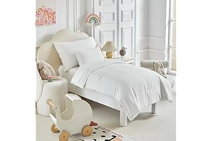 UOZZI BEDDING Toddler Bedding Set - 5 Piece Soft and Breathable Toddler Bed Set for Boys and Girls, Includes Quilted Comforter, Fitted Sheet, Flat Top Sheet, Standard Pillowcase and Toddler Pillowcase, White