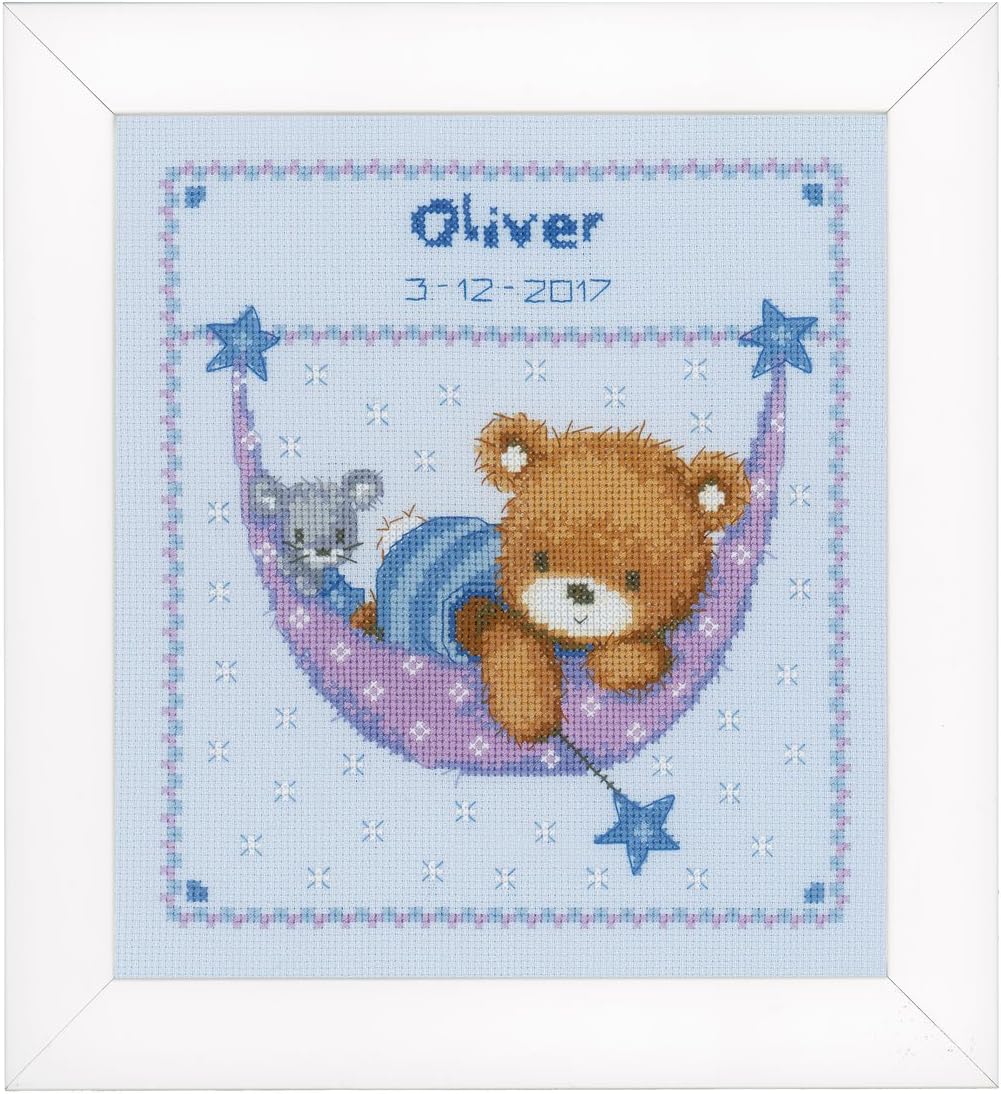 Vervaco Counted Cross Stitch: Birth Record: Little Bear in Hammock (Blue), COTTON, NA, 21 x 24cm, N\a