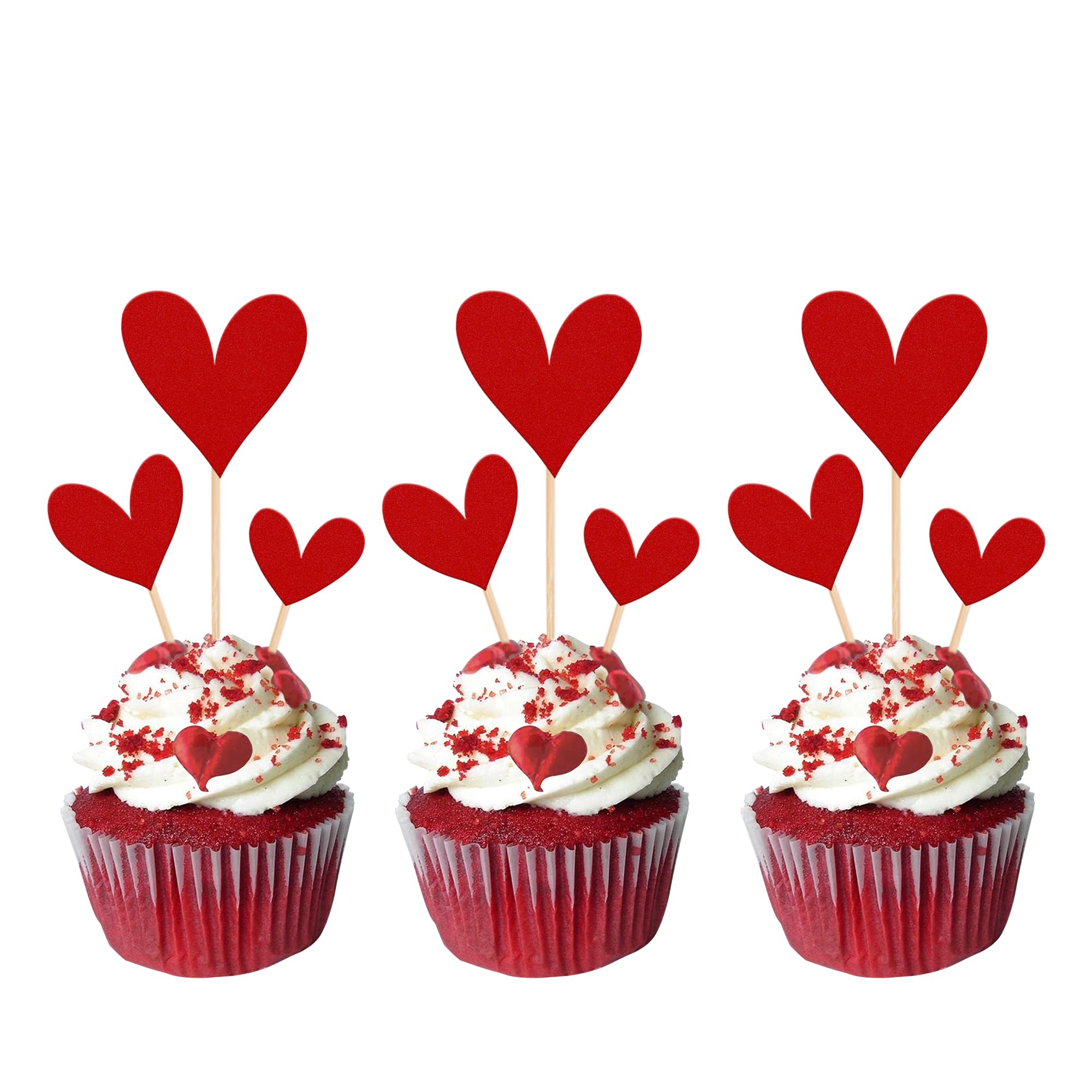 Xsstarmi 30 Pack Love Heart Valentine's Day Cupcake Toppers Glitter Heart Sweet Love Valentine Cupcake Picks for Valentine's Day Theme Wedding Anniversary Party Cake Decorations Supplies Red