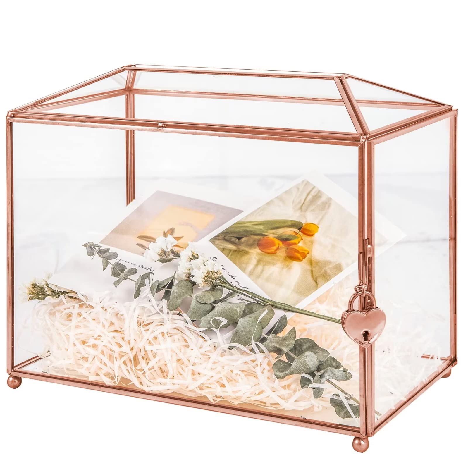 Photo 1 of WHSLILR 12.6" Glass Card Box Wedding Card Box with Lock for Wedding Reception Cosmetic Home Decor, Handmade Large Geometric Terrarium with Hinged Lid, Brass Frame - (Rose Gold/Roof)
