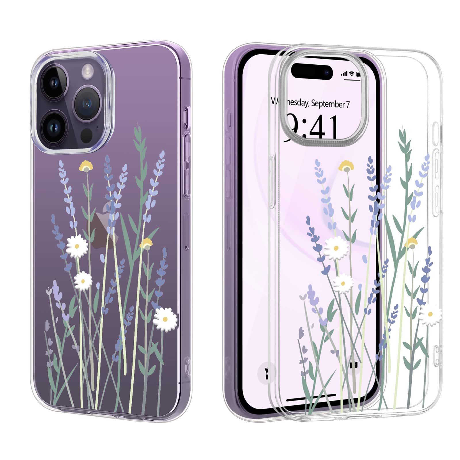 Clear Phone Case Compatible with iPhone 14 Pro Max Soft Silicone Shockproof Transparent TPU Protective Daisy Floral Lavenders Patterns Design Case Girls&Women Cute Cover