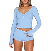 TiulZial Womens 2 Piece Y2K Pajamas Set Long Sleeve Cropped Top Button Down V Neck Slim Fitted Shorts PJs Outfits Lounge Sets