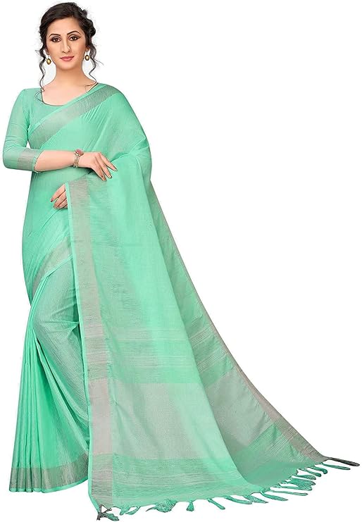 Rama Green Cotton Slub Saree With Plain Silver zari Border Running Blouse Piece