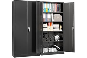 Pataku Metal Storage Cabinet, Garage Cabinet with Doors and Shelves Lockable Steel Multifunctional Cabinet, Black Tool Cabinet for Garage, File Cabinet for Home, Office, Warehouse