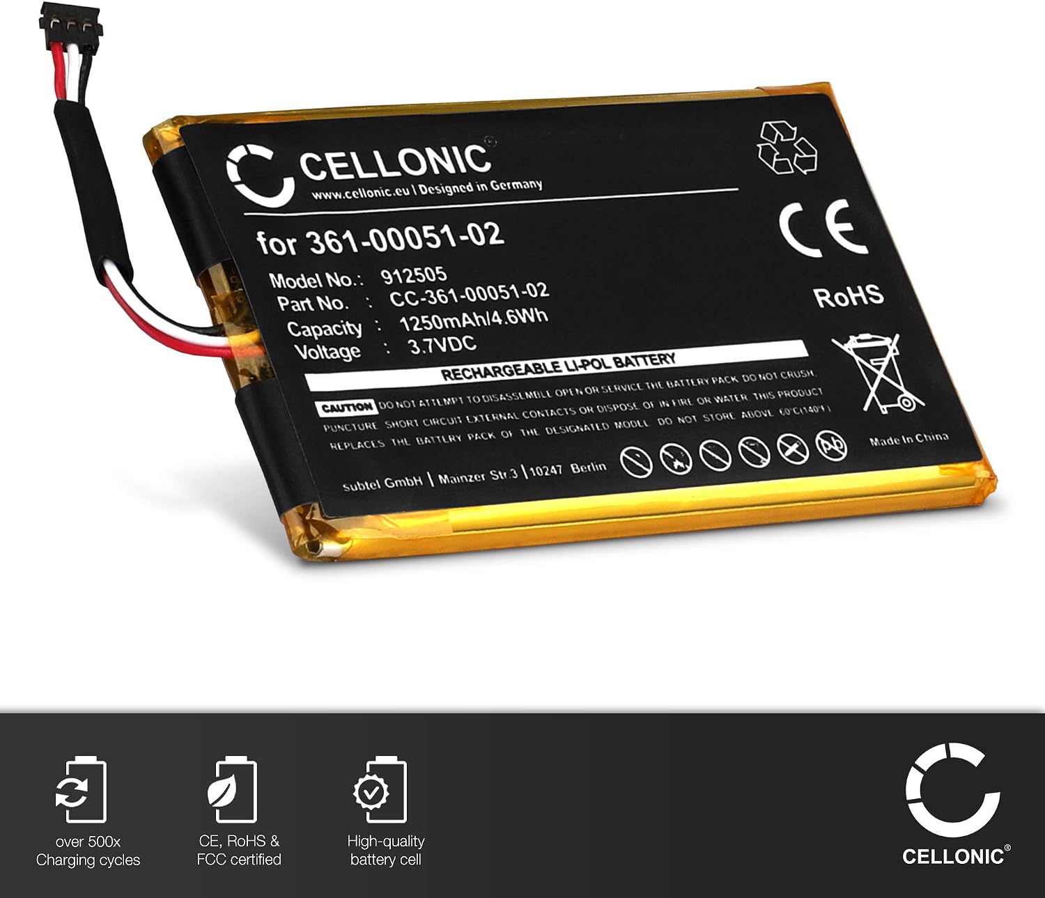 CELLONIC 1x Battery for GPS/Navigation Compatible with Garmin SAT NAV, dezl 560LT, Dezl 560LMT, US503 - (1250mAh, 3.7V) - Image 3