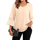 Neineiwu Womens Tops Dressy Casual Tiered Ruffle 3/4 Sleeve V Neck Chiffon Double Layers Blouse 2025 Fashion