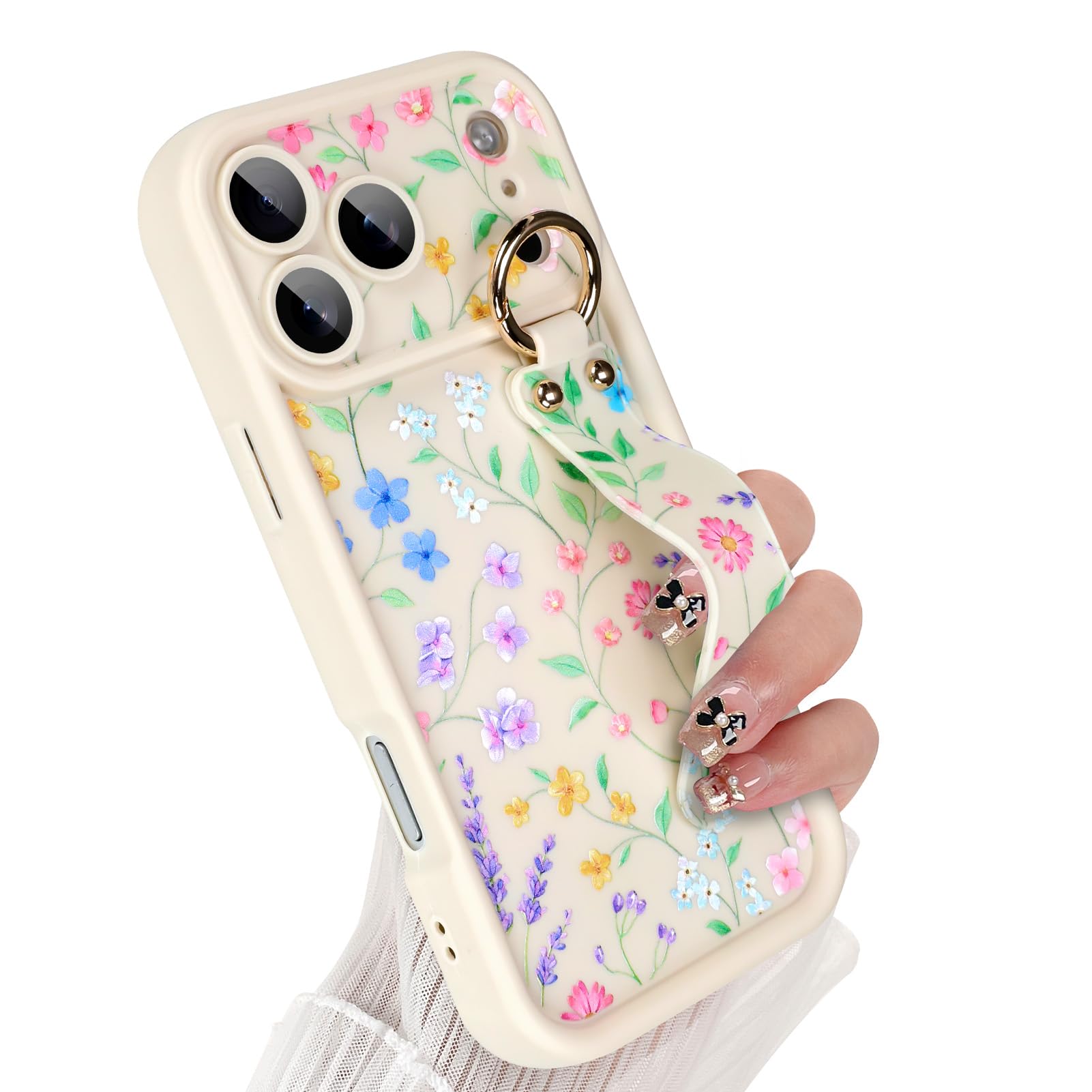Jefonha Compatible with iPhone 17 Pro Case with Finger Hand Strap for Girls Women, Cute Flowers Floral Phone Case with Grip Holder Kickstand, Durable Silicone Protective Cover, Beige Petite Flower