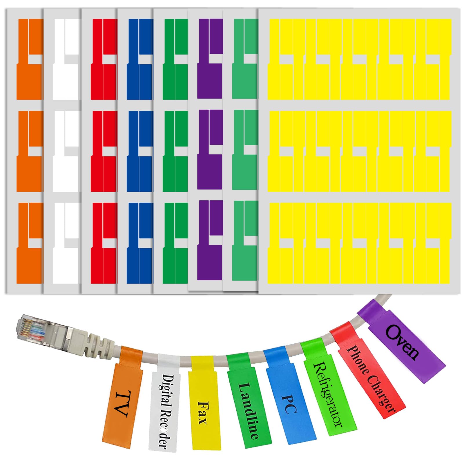 Cable Labels, 8 Colors 240 Pcs Self-Adhesive Cable Label Stickers Waterproof Tear Resistant Cables Markers Cables Stickers Cord/Wire Labels, Write On Tags
