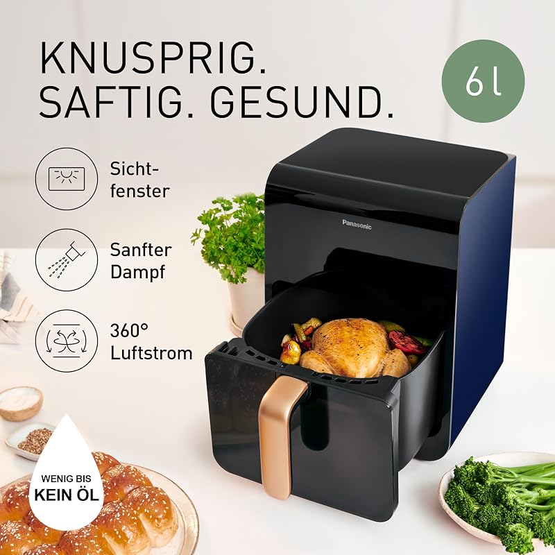 NF-CC600AXE Air Fryer mit Sichtfenster, 6 l, 80–200 °C, digitaler Timer & LCD-Display, sanfte Dampfzugabe, 11 Voreinstellungen, einfache Reinigung, Schwarz mit Griff in Roségold