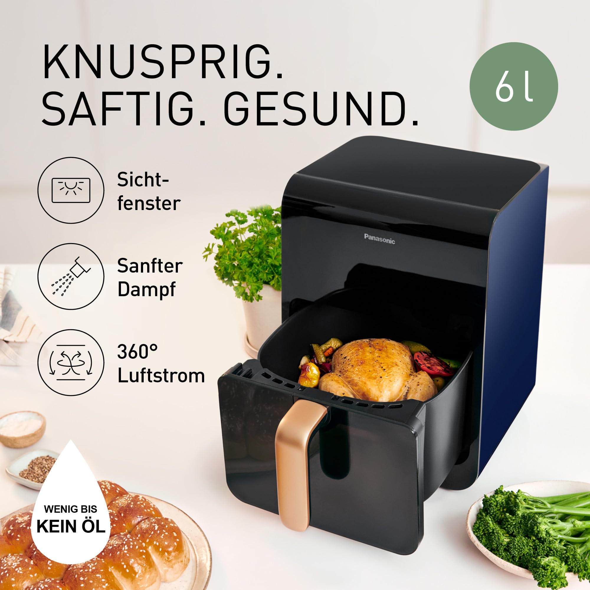 Panasonic NF-CC600AXE Air Fryer mit Sichtfenster, 6 l, 80–200 °C, digitaler Timer & LCD-Display, sanfte Dampfzugabe, 11 Voreinstellungen, einfache Reinigung, Schwarz mit Griff in Roségold 2
