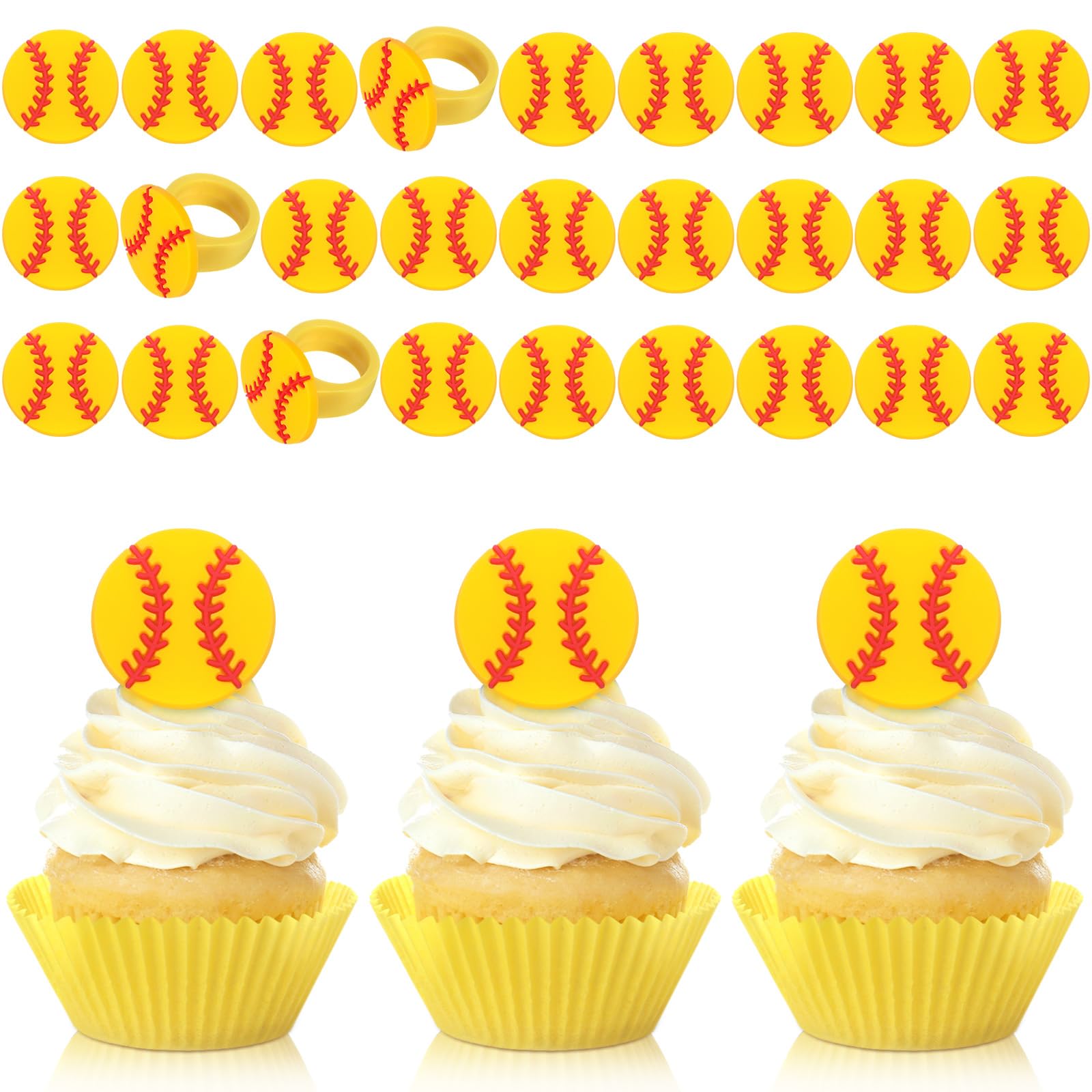 Photo 1 of Honeydak 48 Pcs Softball Cupcake Rings Toppers Decoration Sport Ball Theme Cake Picks Softball Party Decoration Sport Cupcake Toppers Rings for Birthday Party Supplies
