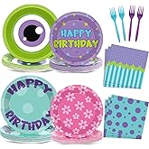 MinFyberd 100Pcs Monster Theme Party Supplies Disposable Colorful Cartoon Tableware Monster Birthday Paper Plates Napkins Forks for Kids Little Birthday Party Dinnerware Decorations Serves 25
