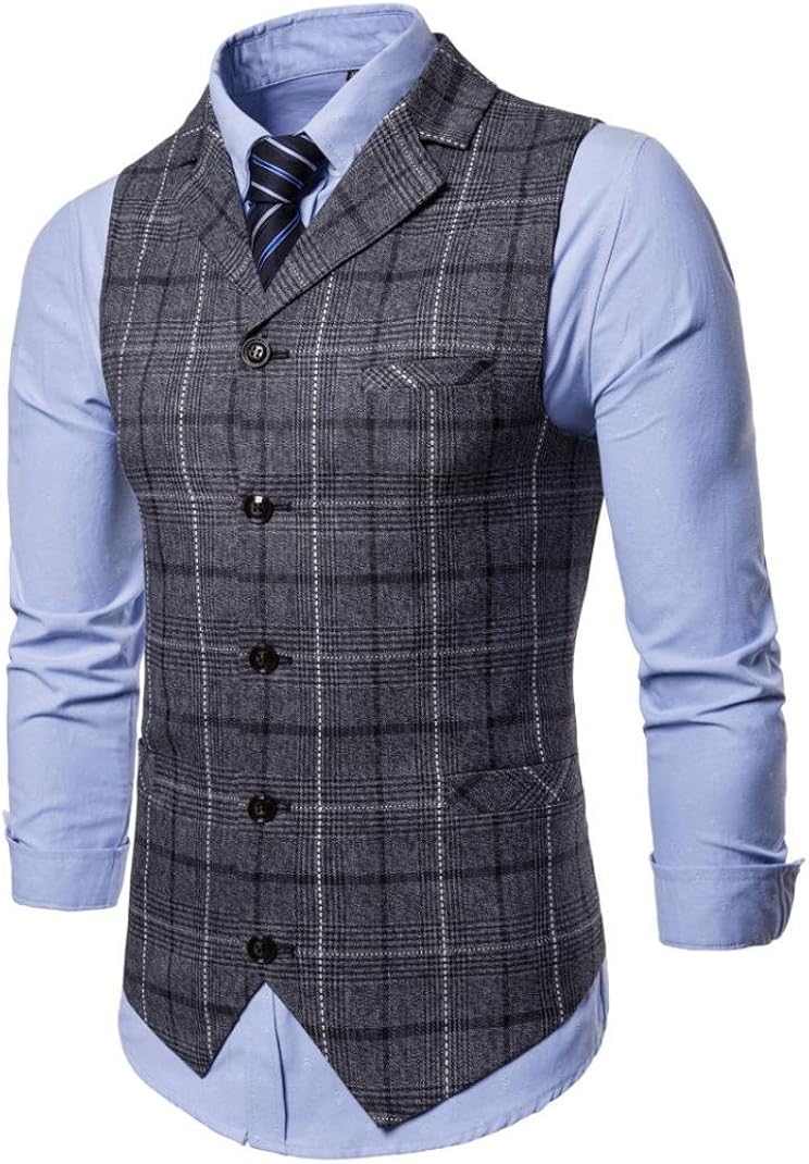 Men V-Neck 5 Button Plaid Slim Formal 