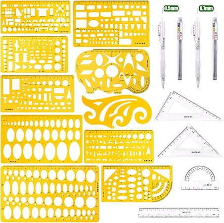 Amazon Co Jp Keadic 15ピース カーブとテンプレート定規キット 分度器 サークルテンプレート フレンチカーブ定規 シャープペンシル 製図 イラスト 建築 学芸用 文房具 オフィス用品