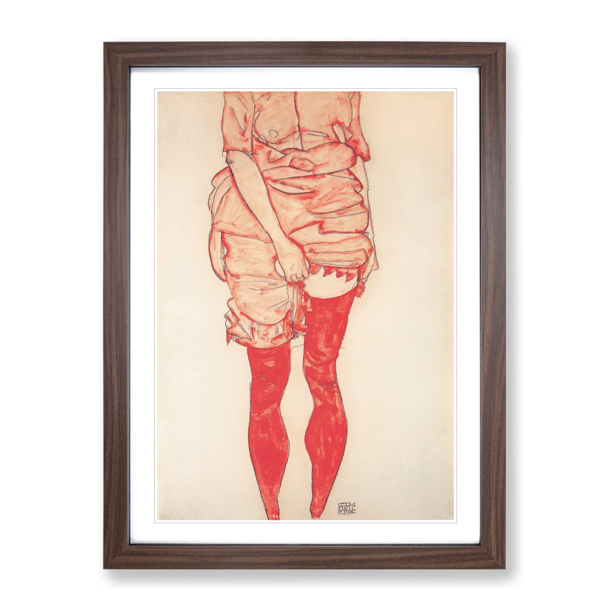 Stehende Frau In Rot By Egon Schiele Classic Painting Framed Wall Art Print, Ready to Hang Picture for Living Room Bedroom Home Office Décor, Walnut A3 (34 x 46 cm)