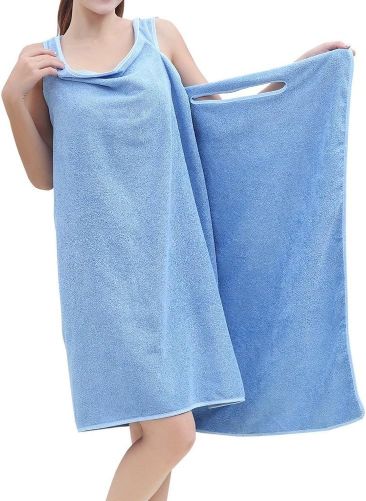 Womens Bath Towels And Girls Bathrobe Towels Wearable Shower Wrap Blue